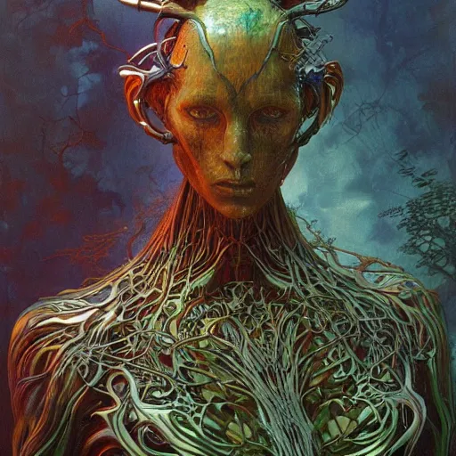 Prompt: forest creature cyber nomad android by zdzisław beksinski, iris van herpen, raymond swanland, craig mullins and alphonse mucha. highly detailed, hyper - real, beautiful