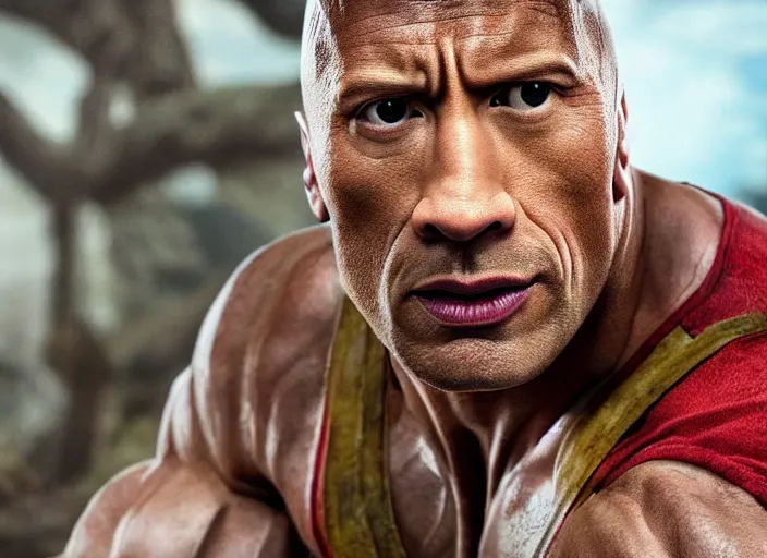 Image similar to film still of dwayne the rock johnson as pinocchio in the new pinocchio movie, 4 k, highly detailed face, detailed eyes