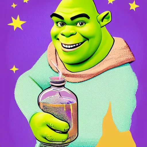 Image similar to Shrek!!!!! in a bottle, sticker, highly detailed, colorful, illustration, drama, smooth and clean vector curves, no jagged lines, vector art, smooth