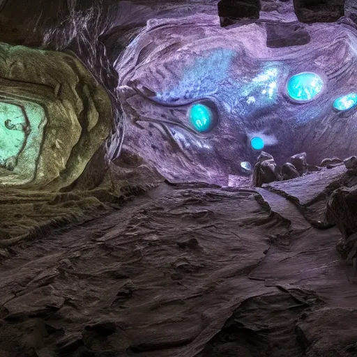 Prompt: Gigantic iridescent alien structures found in the depths of an enormous dark cave. Wide shot, cinematic, 4k