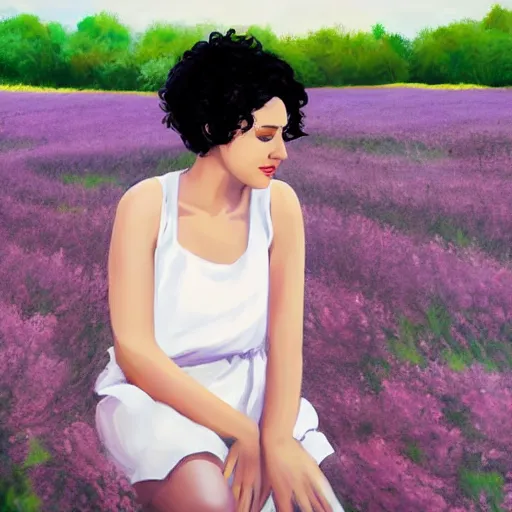Prompt: portrait of cute girl with short curly black hair sitting in a field of lilac flowers, minimalist painting of a modern girl, the grass is desaturated
