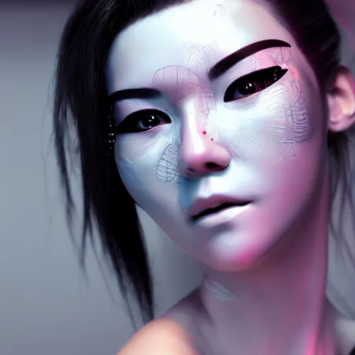 Prompt: a hyper realistic stunningly cyborg geisha, covering face with a intricate sci - fi cyber fan, dark moody backlighting, ray tracing, octane render,