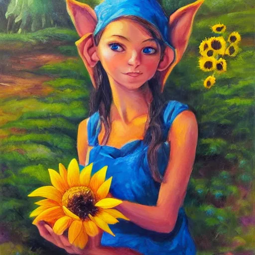 Prompt: beautiful elf girl holding a sunflower in the forest. oil on canvas award winning art gallery painting