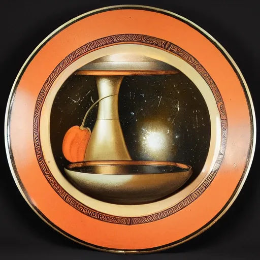 Image similar to round intricate 1920's galaxy circle thrush bronze canteen papaya , by William Hogarth and Martin Johnson Heade and Albrecht Durer , DC Comics , An art deco , Mixed media