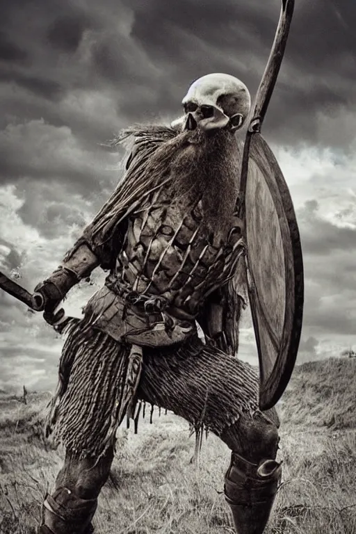 Image similar to realistic photograph of a skeleton viking man in the middle of battle, highly detailed, cinematic, portrait, close - up,