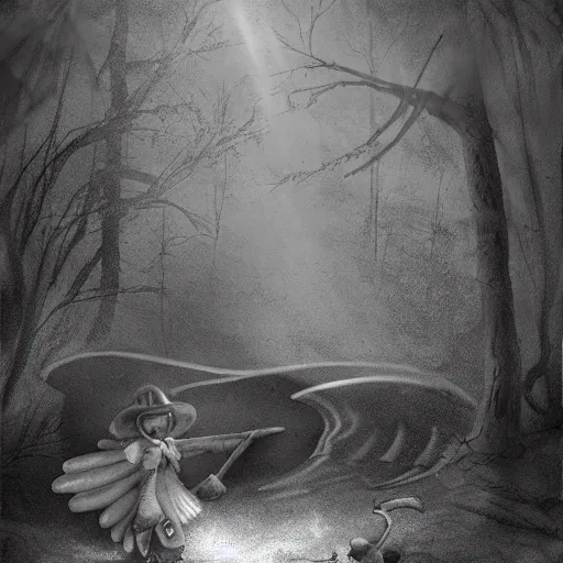 Image similar to a grave digger with remnants of angel wings is chasing a child through a creek in the woods, bad dream, hazy memory, volumetric, hyper realistic, dark black and white in the style of alvin schwartz, epic angles