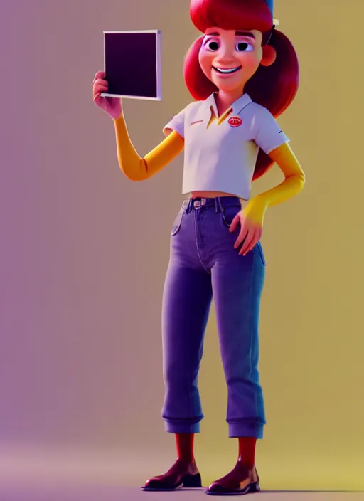 Image similar to a young woman working at burgerking in 1 9 8 5, pixar character design, rendering, artstation trending, cgsociety, golden ratio, octane render, ray traced, 8 k