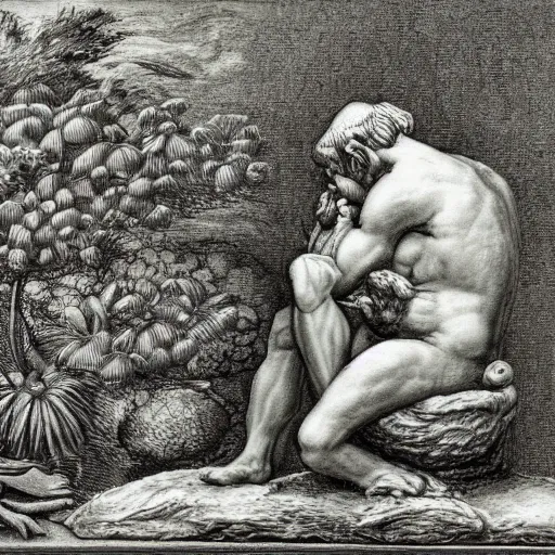 Image similar to botanical sketch, The thinker sculpture, in the style of William Bartram with mushrooms and peyote at the base, high detail, b&w,