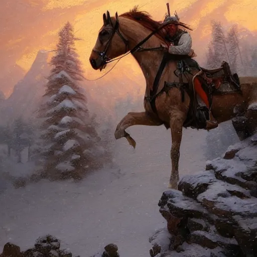 Prompt: Snow over Apache warrior on horse in mountains, by Greg Rutkowski and Thomas Kinkade, trending on artstation 4k.