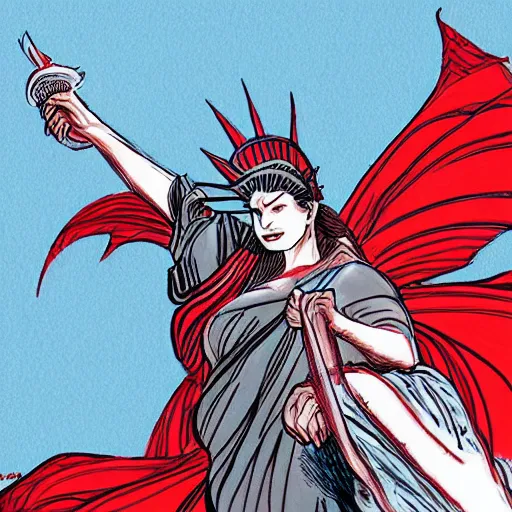 Image similar to Lady Liberty riding the red dragon of 龙, illustration, concept art, in the style of Arthur Adams