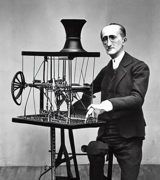 Image similar to marcel duchamp holding up a chess - piece wire - machine, a surrealist painting by marcel duchamp, complex artificial - intelligence machinery, flickr contest winner, studio portrait, 1 9 2 0 s