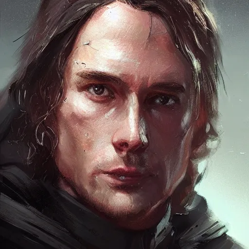 Image similar to portrait of a man by greg rutkowski, british features, messy black long hair, black robes, star wars expanded universe, he is about 2 0 years old, wearing jedi robes, highly detailed portrait, digital painting, artstation, concept art, smooth, sharp foccus ilustration, artstation hq