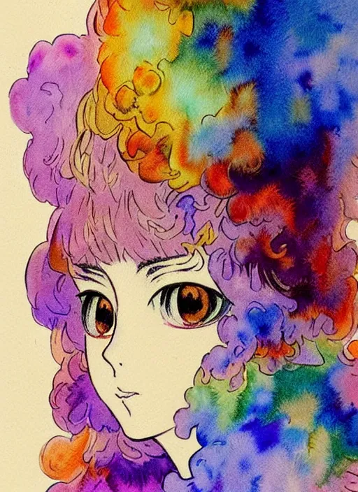 Prompt: vintage 7 0 s anime watercolor, a portrait of a man with colorful face - paint enshrouded in an impressionist watercolor, representation of mystic crystalline fractals in the background by william holman hunt, art by cicley mary barker, thick impressionist watercolor brush strokes, portrait painting by daniel garber, minimalist simple pen and watercolor