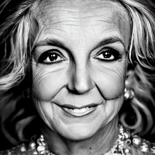 Image similar to old britney spears singer at age 9 0 years old, color ( sony a 7 r iv, symmetric balance, polarizing filter, photolab, lightroom, 4 k, dolby vision, photography award ), vogue, perfect face