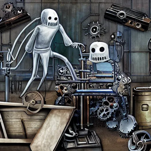 Image similar to a ghost surrounded in mechanical devices and metal sheets