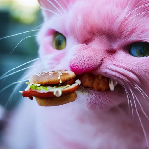 Image similar to photo of a pink cat with pink fur, eating a hamburger, biting a hamburger-C 12