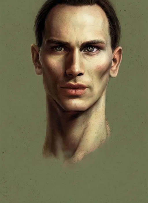 Prompt: a spiritual man in his twenties smirking with medium light brown hair tied back, light green eyes, a large forehead, a widows peak and a round face with high cheekbones and full lips as a realistic d & d fantasy character, portrait art by donato giancola and greg rutkowski, vintage retro, realistic face, digital art, trending on artstation