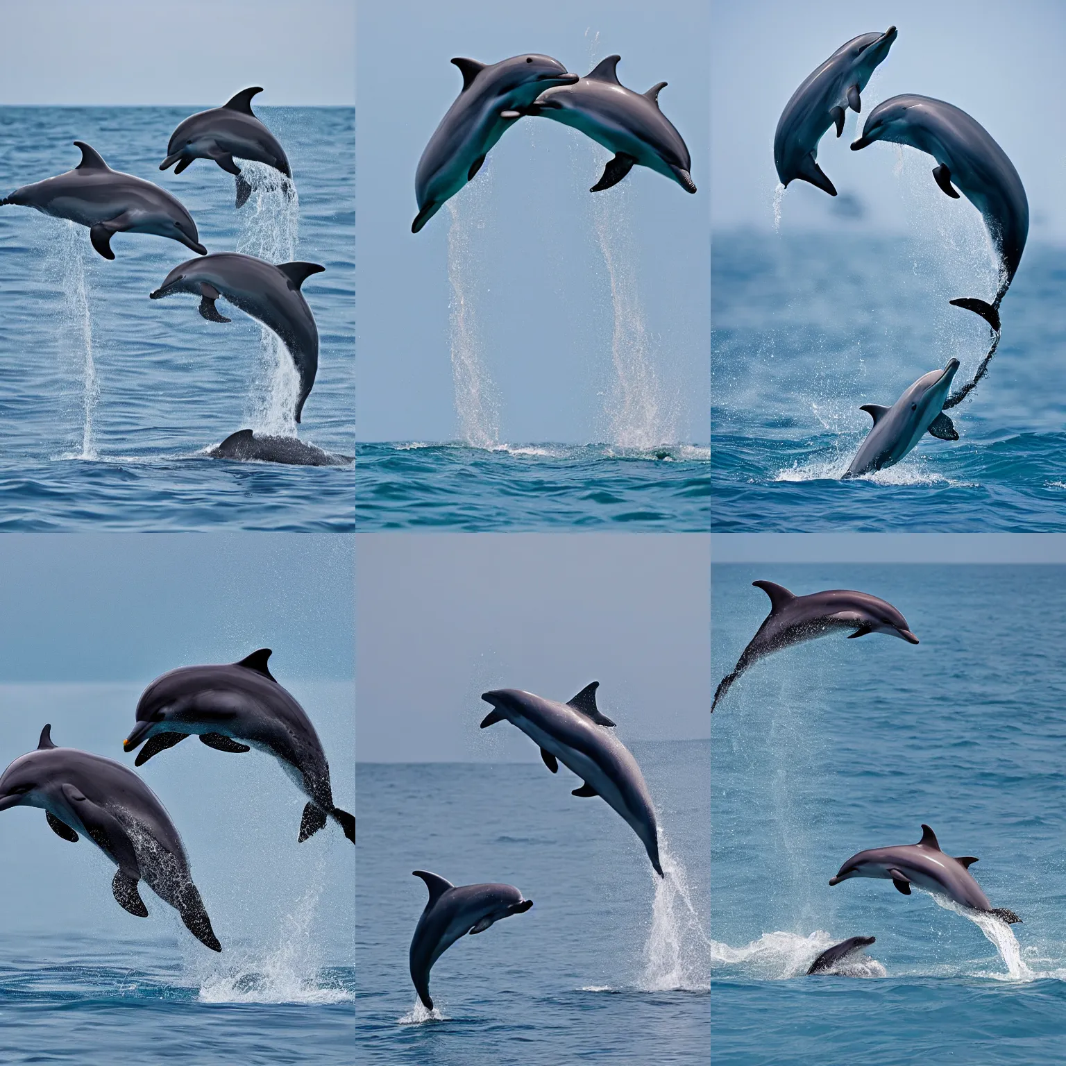 Prompt: two dolphins colliding with each other in mid-air after jumping out of the water, nature photography, National Geographic photography, 200mm, f2.8