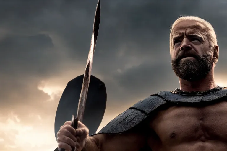 Prompt: cinematic action shot of joe biden as leonidas in 3 0 0 movie, 8 k, epic moody sky, dramatic lighting