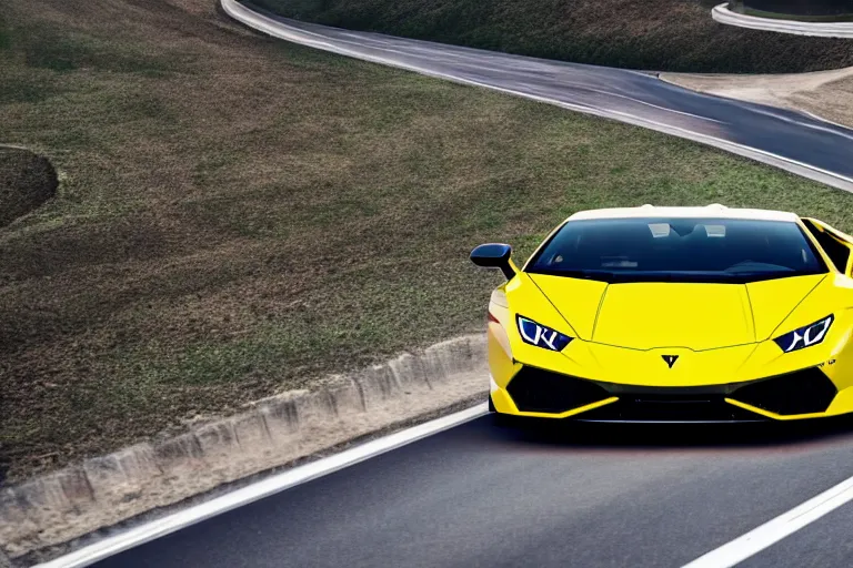Image similar to a lamborghini huracan racing on a highway in the morning, very detailed, photo realistic, 8 k uhd, car photography