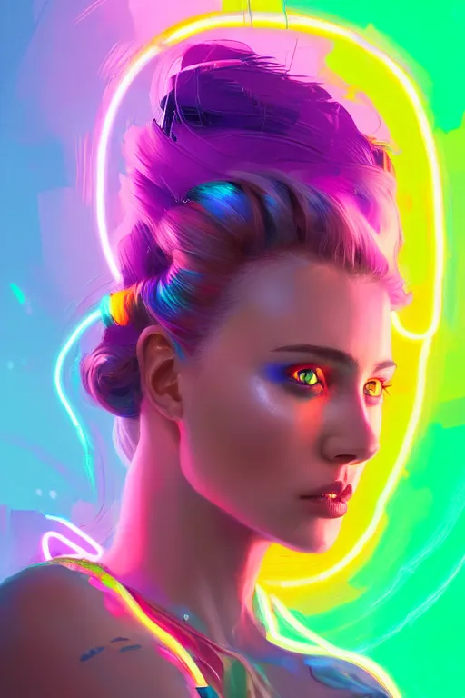 Image similar to a award winning portrait of a beautiful woman with stunning eyes in a one off shoulder crop top and cargo pants with rainbow colored hair, outlined by whirling illuminated neon lines and fine lines swirling in circles by greg rutkowski, digital art, trending on artstation