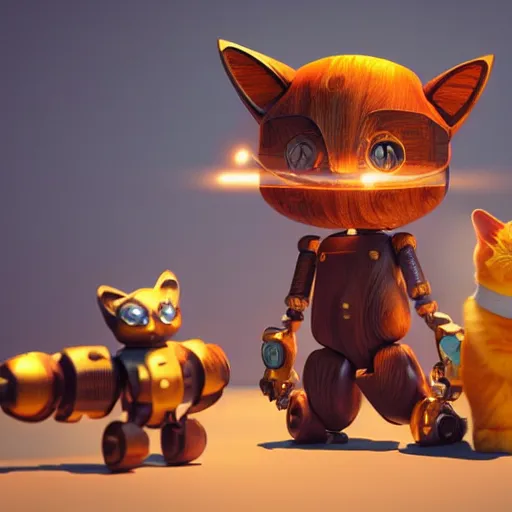 Prompt: 3 d octane render ultra 8 k photorealistic hyper detailed unreal engine an art wooden toys that represent a mythical robot your cute with cat ears