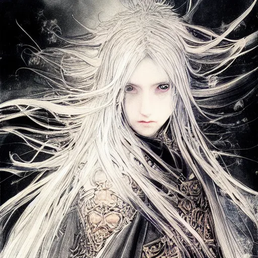 Image similar to yoshitaka amano blurred and dreamy illustration of an anime girl with wavy white hair and cracks on her face wearing elden ring armour with the cape fluttering in the wind, abstract black and white patterns on the background, noisy film grain effect, highly detailed, renaissance oil painting, weird portrait angle