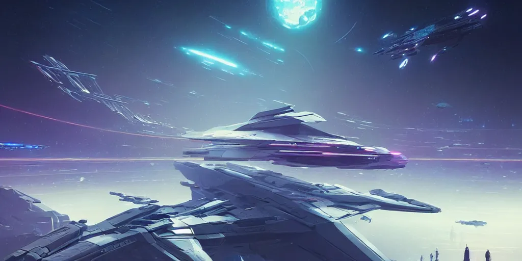 Prompt: intergalactic spaceship battles in space, concept art by beeple and greg rutkowski. intricate, elegant, highly detailed digital, concept art, smooth, sharp focus, illustration