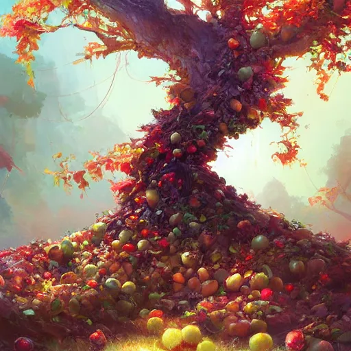 Prompt: tree made of fruits, by wlop, rossdraws, james jean, andrei riabovitchev, marc simonetti, yoshitaka amano, artstation, cgsociety