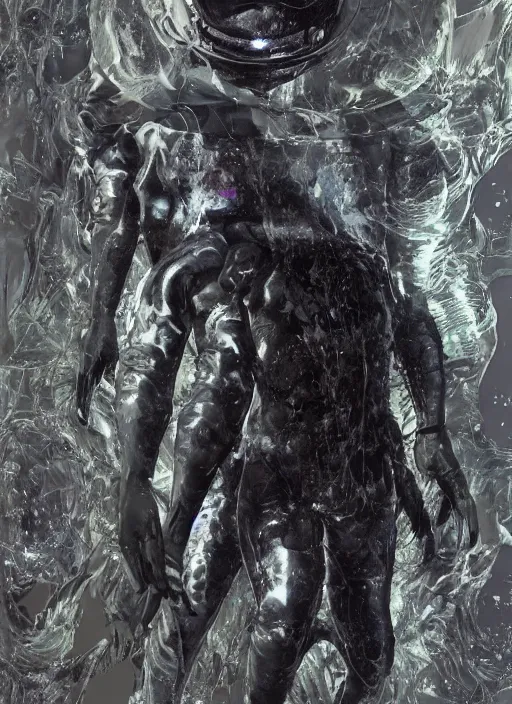 Image similar to astronauts in dark and empty void underwater - complex and hyperdetailed technical suit. reflection and dispersion materials. rays and dispersion of light. volumetric light. 5 0 mm, f / 3 2. noise film photo. flash photography. ultra realistic, wide angle. poster by wayne barlowe, hajime sorayama aaron horkey, craig mullins