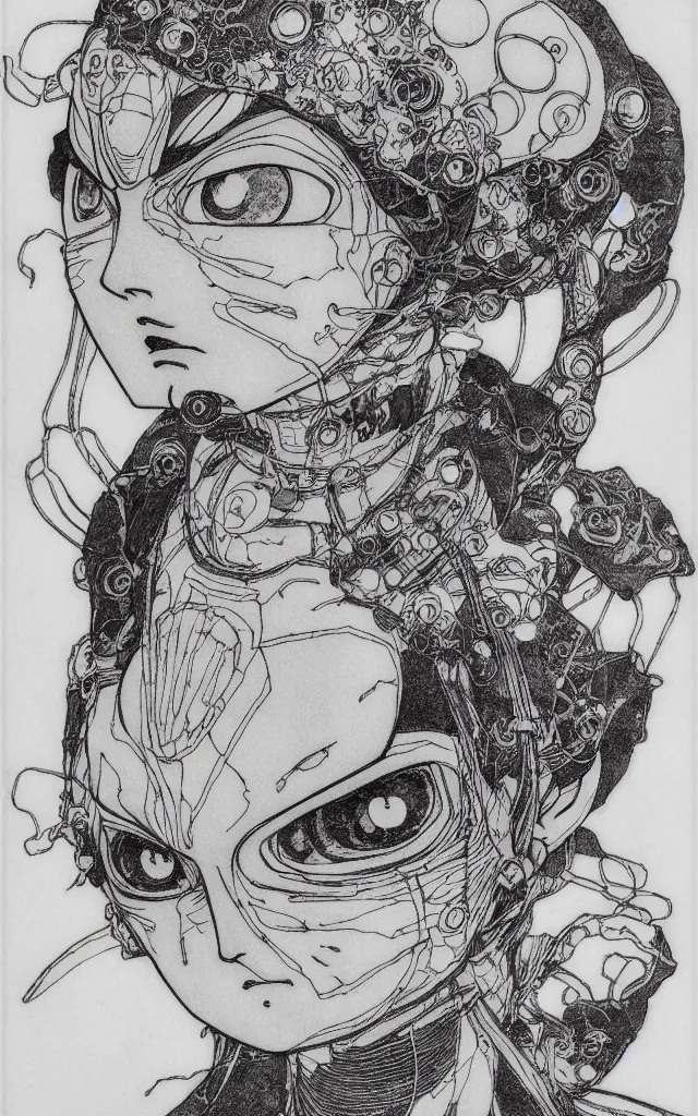 Image similar to prompt: Fragile looking face drawn by Takato Yamamoto, ceramic looking face, cyber parts, inspired by Naruto and Bandai Namco, clean ink detailed line drawing, intricate detail drawing, manga 1990