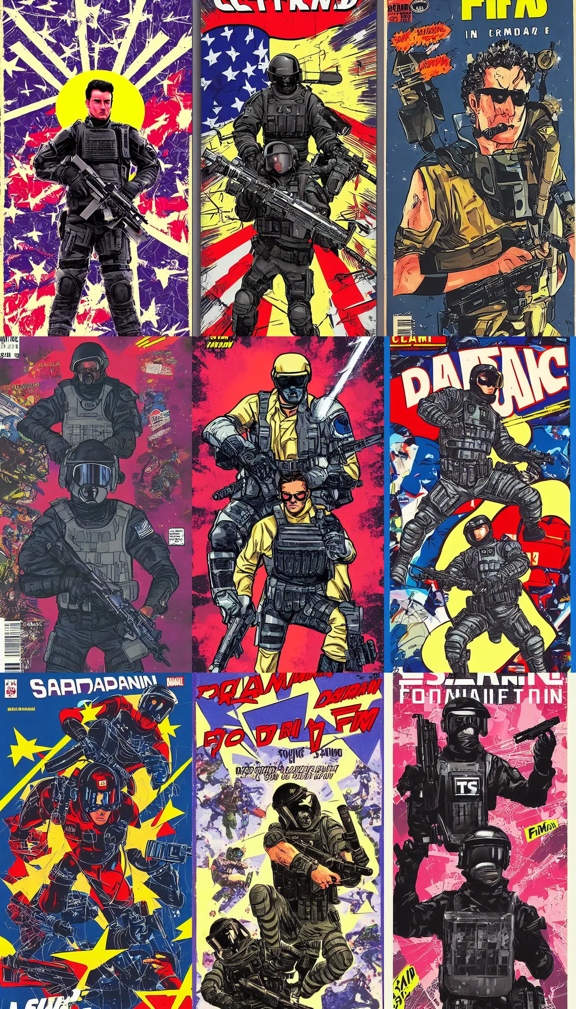 Prompt: comic book cover of Gérald Darmanin Gérald Darmanin Gérald Darmanin as a SWAT FBI CIA riot police force agent, vaporwave, dynamic composition, detailled, sharp focus, funky, comic book cover, masterpiece, by Stan Lee, pop art