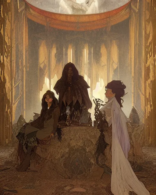 Image similar to inside the king's hall wolves and their treasures, ethereal, ominous, misty, 8 k, by alphonse mucha and greg rutkowski