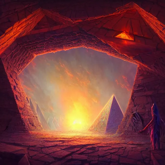 Image similar to the illuminati eye opening up from inside a pyramid, a fantasy magical landscape seen in the distance, atmospheric lighting, intricate, volumetric lighting, beautiful, sharp focus, ultra detailed, in the art style of marc simonetti, bowater charlie and brom gerald, astrophotography