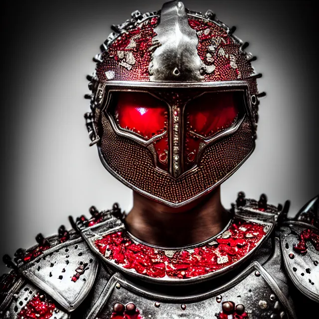Image similar to photo of a warrior with ruby encrusted armour, highly detailed, 8 k, hdr smooth, sharp focus, high resolution, award - winning photo, dslr, 5 0 mm