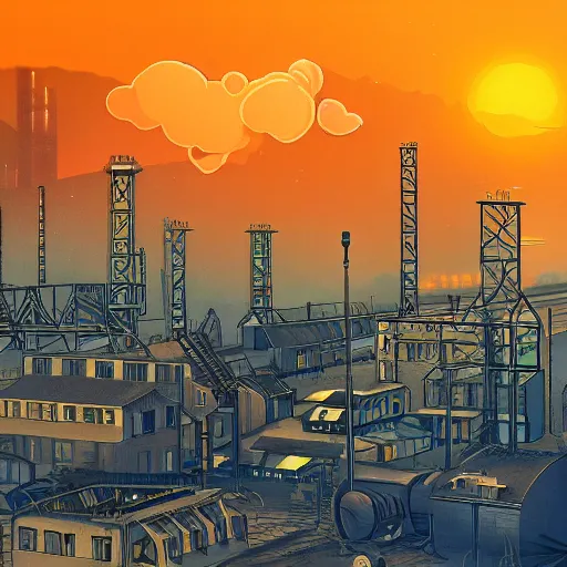 Prompt: Air industrial town. Engines, Emissions, fantasy