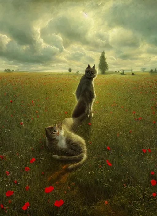 Image similar to the cat in the field from poppy and tulip, hyperrealism, no blur, 4 k resolution, ultra detailed, style of ivan shishkin, tyler edlin, tom bagshaw, arthur rackham