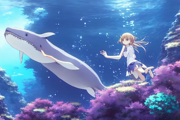 Image similar to a panorama distant view under the water, underwater world, anime art full body portrait character concept art, hyper detailed cg rendering of a cute girl and whale, anime key visual of violet evergarden, finely detailed perfect face, style of raphael lacoste, makoto shinkai, violet evergarden, studio ghibli, james jean, hayao miyazaki, extremely high quality artwork