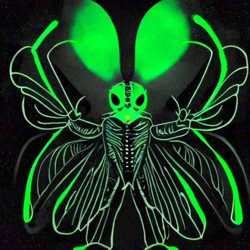 Image similar to mothman sitting in a dark room lit by green glowsticks