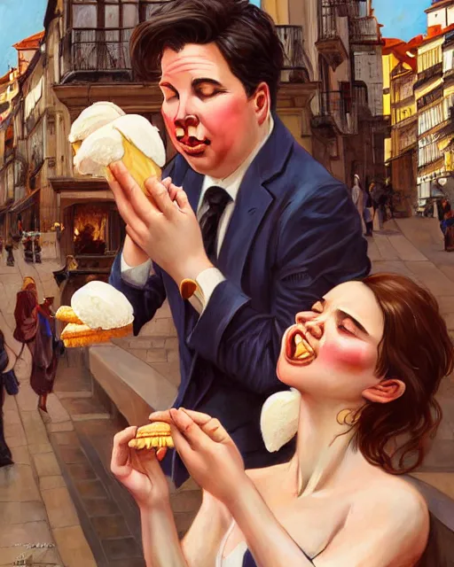 Image similar to Portrait of a  Anya Amasova and Michael mcintyre eating ice creams in Porto,real life skin, intricate, elegant, highly detailed, artstation, concept art, smooth, sharp focus, art by artgerm and greg rutkowski and alphonse mucha