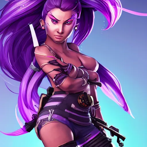 Image similar to beautiful female purple hair katana symmetrical face eyes full length fantasy art apex fortnite Video game icon, 2d game art gta5 cover , official fanart behance hd artstation by Jesper Ejsing, by RHADS, Makoto Shinkai and Lois van baarle, ilya kuvshinov, rossdraws