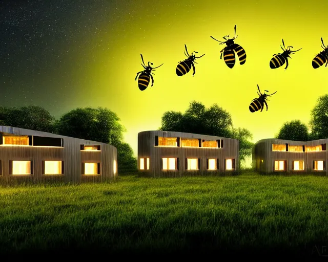 Image similar to connected ecovillage houses with solrarrofs, very big bees flying around - plant goddess high quality photo, microchip, artificial intelligence, bio - mechanical bio - luminescence, black wired cables, neurons, nerve cells, cinematic, rim light, photo - realistic, elegant, high detail, 8 k, masterpiece, high fashion, in the style of man ray