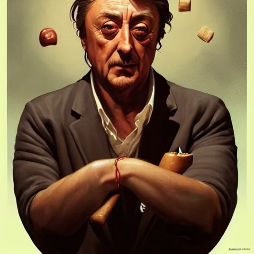 Prompt: portrait of Robert Mitchum eating hamburgers, extra onions and ketchup, luscious patty with sesame seeds, ethereal, handsome, D&D, fantasy, intricate, elegant, highly detailed, digital painting, artstation, concept art, matte, sharp focus, illustration, art by Artgerm and Greg Rutkowski and Alphonse Mucha