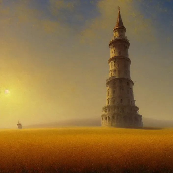 Prompt: a beautiful painting of a tower in a field of golden wheat by ivan aivazovsky and zdzisław beksinski and rene magritte and greg rutkowski and james gurney, in style of digital art. hyper detailed. octane render. maya. trending on artstation