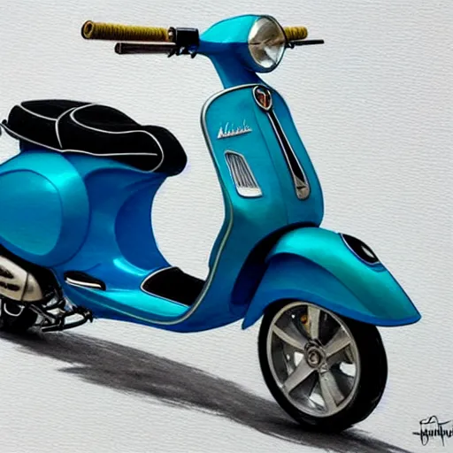 Image similar to a turquoise vespa moped, ultra realistic, concept art, intricate details, highly detailed, photorealistic, pencil and watercolor, art by artgerm and greg rutkowski