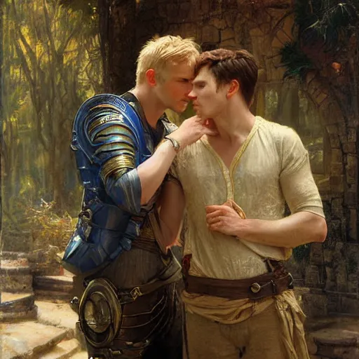 Image similar to attractive arthur pendragon confesses his love to attractive male merlin. highly detailed painting by gaston bussiere, craig mullins, j. c. leyendecker 8 k