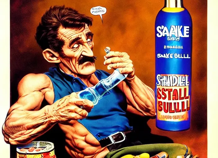 Image similar to barry chuckle drinking a bottle of snake oil, snake oil advertisement from 1 9 8 8, artwork by frank frazetta and richard corben, 3 d, high resolution 8 k