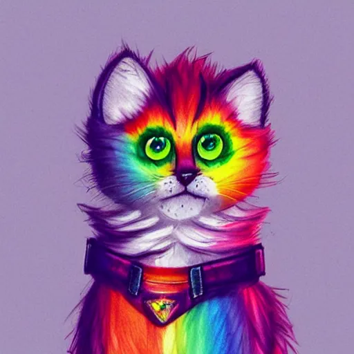 Image similar to wide angle full body, jacket wearing fluffy cute rainbow kitten wearing a black leather motorcycle jacket, concept art