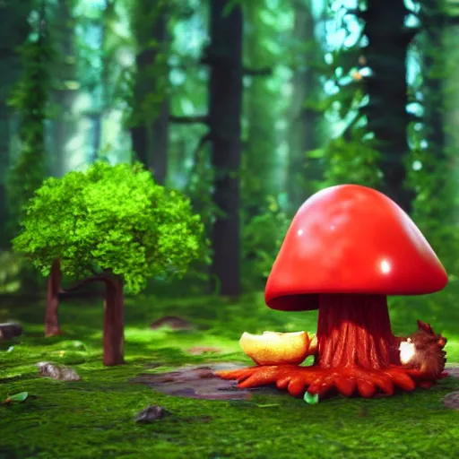 Prompt: beautiful cinematography of a cute fury monster eating lunch sitting on a red mushroom in a fantasy forest with living trees, in the style of a Pixar movie, wide shot, sharp and detailed, 3D model, 3D rendering, Octane render, raytracing, cinematic volumetric lighting