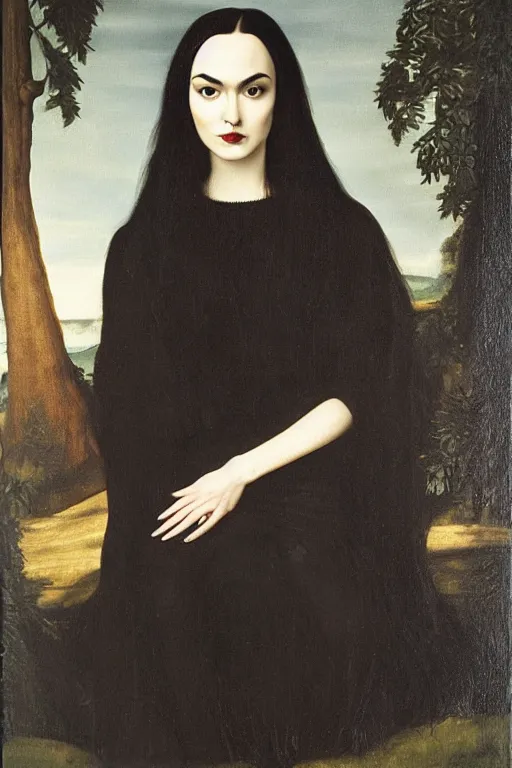 Image similar to beautiful face portrait of sasha grey as morticia addams, oil painting by nicholas hilliard, raphael, sofonisba anguissola